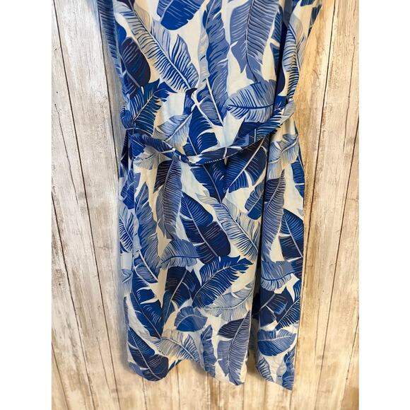 Lands' End Blue Leaf Print Tie Waist Dress - Medium - Picture 8 of 10